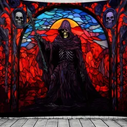 Halloween Death Hanging Tapestry Stained Glass Wall Art Large Tapestry Mural Decor Photograph Backdrop Blanket Curtain Home Bedroom Living Room Decoration Decorations
