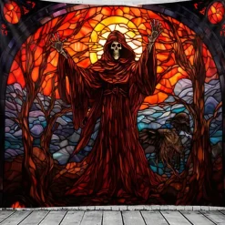 Halloween Death Hanging Tapestry Stained Glass Wall Art Large Tapestry Mural Decor Photograph Backdrop Blanket Curtain Home Bedroom Living Room Decoration Decorations