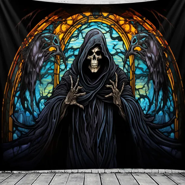 Halloween Death Hanging Tapestry Stained Glass Wall Art Large Tapestry Mural Decor Photograph Backdrop Blanket Curtain Home Bedroom Living Room Decoration Decorations