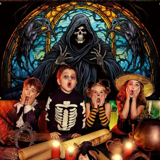 Halloween Death Hanging Tapestry Stained Glass Wall Art Large Tapestry Mural Decor Photograph Backdrop Blanket Curtain Home Bedroom Living Room Decoration Decorations