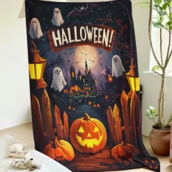 Halloween Decoration Jack O' Lantern Pumpkin Throw Blanket - Soft and Cozy Fleece with Festive Pumpkin Design - Perfect for Halloween Decor and Keeping Warm