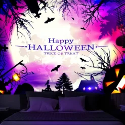 Halloween Decorations Backlight Tapestry Jack O Lantern UV Reactive Hanging Fluorescent Home Decoration Background Cloth Art Home Bedroom Living Room