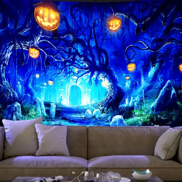 Halloween Decorations Backlight Tapestry UV Reactive Wall Hanging Pumpkin Cloth Fluorescent Home Decoration Background Cloth Art Home Bedroom Living Room Decoration