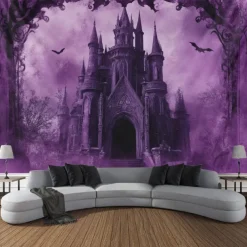 Halloween Decorations Blacklight Tapestry Glow Party Creepy Mansion Castle UV Reactive Glow in the Dark Psychedelic Trippy Misty Hanging Tapestry Wall Art Mural for Living Room Bedroom