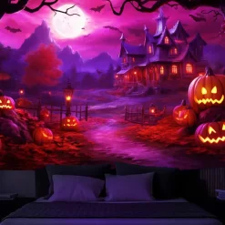 Halloween Decorations Blacklight Tapestry Glow Party Creepy Mansion Castle UV Reactive Glow in the Dark Psychedelic Trippy Misty Hanging Tapestry Wall Art Mural for Living Room Bedroom