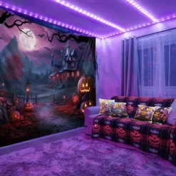 Halloween Decorations Blacklight Tapestry Glow Party Creepy Mansion Castle UV Reactive Glow in the Dark Psychedelic Trippy Misty Hanging Tapestry Wall Art Mural for Living Room Bedroom
