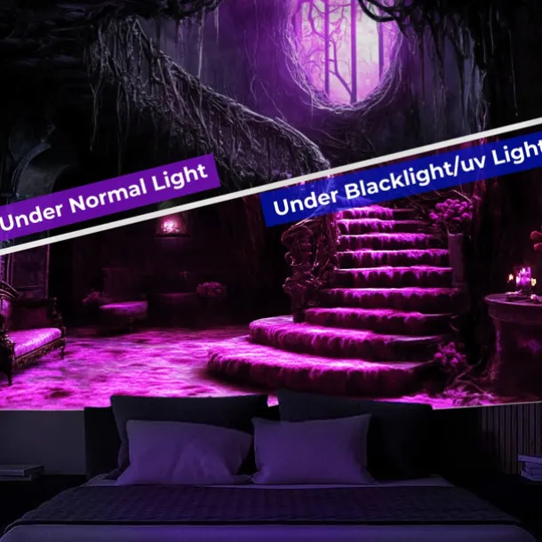 Halloween Decorations Blacklight Tapestry Glow Party Creepy Mansion Castle UV Reactive Glow in the Dark Psychedelic Trippy Misty Hanging Tapestry Wall Art Mural for Living Room Bedroom