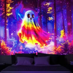 Halloween Decorations Blacklight Tapestry Pumpkins Halloween Trees UV Reactive Glow in the Dark Party Psychedelic Trippy Misty Hanging Tapestry Wall Art Mural for Living Room Bedroom Ghost Castle