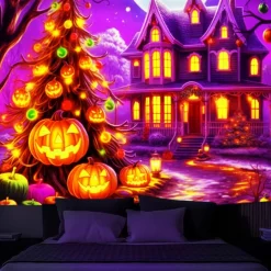 Halloween Decorations Blacklight Tapestry Pumpkins Halloween Trees UV Reactive Glow in the Dark Party Psychedelic Trippy Misty Hanging Tapestry Wall Art Mural for Living Room Bedroom Ghost Castle