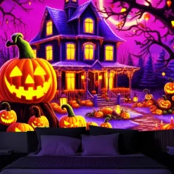 Halloween Decorations Blacklight Tapestry Pumpkins Halloween Trees UV Reactive Glow in the Dark Party Psychedelic Trippy Misty Hanging Tapestry Wall Art Mural for Living Room Bedroom Ghost Castle
