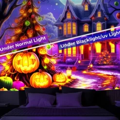 Halloween Decorations Blacklight Tapestry Pumpkins Halloween Trees UV Reactive Glow in the Dark Party Psychedelic Trippy Misty Hanging Tapestry Wall Art Mural for Living Room Bedroom Ghost Castle
