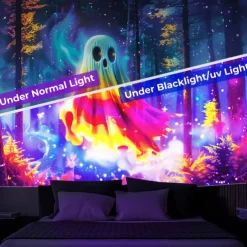 Halloween Decorations Blacklight Tapestry Pumpkins Halloween Trees UV Reactive Glow in the Dark Party Psychedelic Trippy Misty Hanging Tapestry Wall Art Mural for Living Room Bedroom Ghost Castle