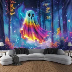 Halloween Decorations Blacklight Tapestry Pumpkins Halloween Trees UV Reactive Glow in the Dark Party Psychedelic Trippy Misty Hanging Tapestry Wall Art Mural for Living Room Bedroom Ghost Castle