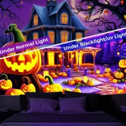 Halloween Decorations Blacklight Tapestry Pumpkins Halloween Trees UV Reactive Glow in the Dark Party Psychedelic Trippy Misty Hanging Tapestry Wall Art Mural for Living Room Bedroom Ghost Castle