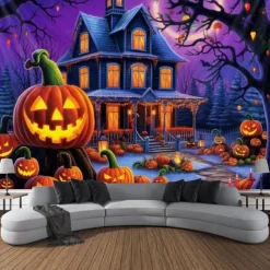 Halloween Decorations Blacklight Tapestry Pumpkins Halloween Trees UV Reactive Glow in the Dark Party Psychedelic Trippy Misty Hanging Tapestry Wall Art Mural for Living Room Bedroom Ghost Castle