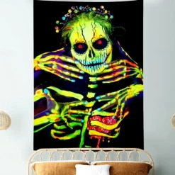 Halloween Decorations Blacklight UV Reactive Wall Tapestry Skeleton Art Decor Blanket Curtain Hanging Home Bedroom Decoration Polyester Skull
