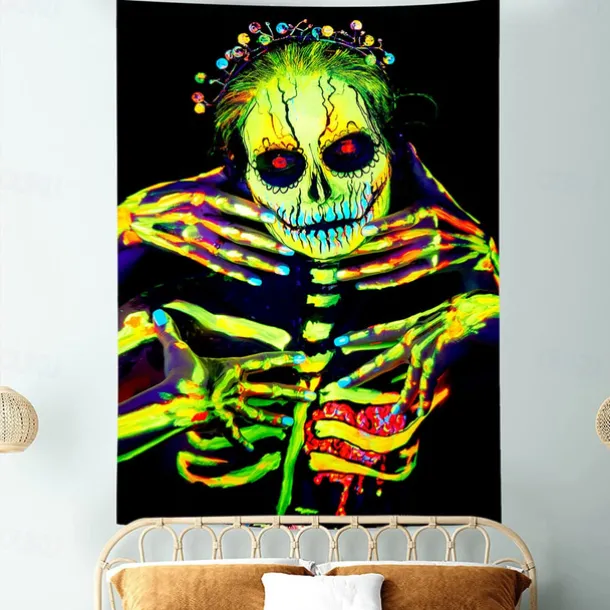 Halloween Decorations Blacklight UV Reactive Wall Tapestry Skeleton Art Decor Blanket Curtain Hanging Home Bedroom Decoration Polyester Skull