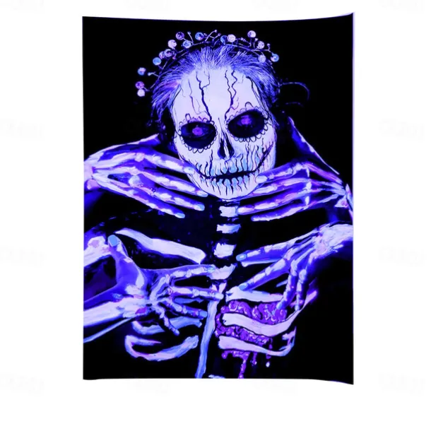 Halloween Decorations Blacklight UV Reactive Wall Tapestry Skeleton Art Decor Blanket Curtain Hanging Home Bedroom Decoration Polyester Skull