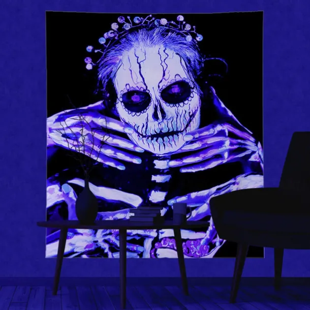 Halloween Decorations Blacklight UV Reactive Wall Tapestry Skeleton Art Decor Blanket Curtain Hanging Home Bedroom Decoration Polyester Skull