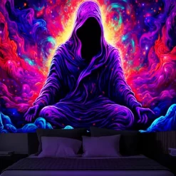 Halloween Decorations Blacklight Tapestry UV Reactive Glow in the Dark Glow Party Neon Ghost Psychedelic Trippy Misty Hanging Tapestry Wall Art Mural for Living Room Bedroom
