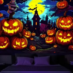 Halloween Decorations Carved Pumpkin Blacklight Tapestry UV Reactive Glow in the Dark Forest Trippy Mountain Misty Zombie Ghost Hanging Tapestry Wall Art Mural for Living Room Bedroom