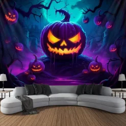 Halloween Decorations Carved Pumpkin Blacklight Tapestry UV Reactive Glow in the Dark Forest Trippy Mountain Misty Zombie Ghost Hanging Tapestry Wall Art Mural for Living Room Bedroom
