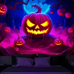Halloween Decorations Carved Pumpkin Blacklight Tapestry UV Reactive Glow in the Dark Forest Trippy Mountain Misty Zombie Ghost Hanging Tapestry Wall Art Mural for Living Room Bedroom