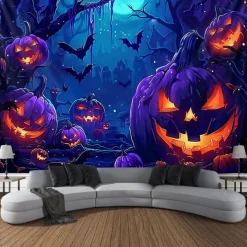 Halloween Decorations Carved Pumpkin Blacklight Tapestry UV Reactive Glow in the Dark Forest Trippy Mountain Misty Zombie Ghost Hanging Tapestry Wall Art Mural for Living Room Bedroom
