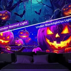 Halloween Decorations Carved Pumpkin Blacklight Tapestry UV Reactive Glow in the Dark Forest Trippy Mountain Misty Zombie Ghost Hanging Tapestry Wall Art Mural for Living Room Bedroom