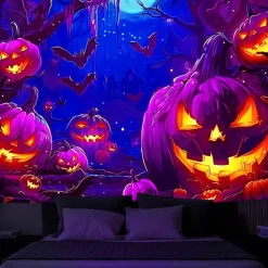 Halloween Decorations Carved Pumpkin Blacklight Tapestry UV Reactive Glow in the Dark Forest Trippy Mountain Misty Zombie Ghost Hanging Tapestry Wall Art Mural for Living Room Bedroom