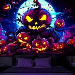 Halloween Decorations Carved Pumpkin Blacklight Tapestry UV Reactive Glow in the Dark Forest Trippy Mountain Misty Zombie Ghost Hanging Tapestry Wall Art Mural for Living Room Bedroom
