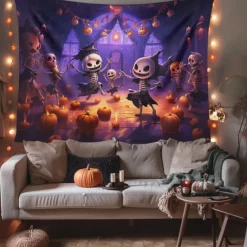 Halloween Decorations Cute Skeleton Hanging Tapestry Wall Art Large Tapestry Mural Decor Photograph Backdrop Blanket Curtain Home Bedroom Living Room