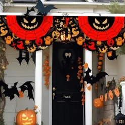 Halloween Decorations Flag Bunting Half Fan Flag Halloween Yard Hanging Bunting Flag Banner with Grommets for Porch Yard Outdoor Festival Patio Lawn Garden Party Decor