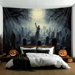 Halloween Decorations Graveyard Hanging Tapestry Wall Art Large Tapestry Mural Decor Photograph Backdrop Blanket Curtain Home Bedroom Living Room Zombie Ghost