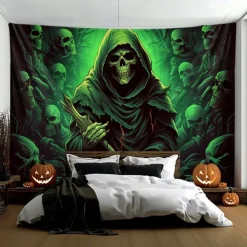 Halloween Decorations Green Skulls Hanging Tapestry Wall Art Large Tapestry Mural Decor Photograph Backdrop Blanket Curtain Home Bedroom Living Room