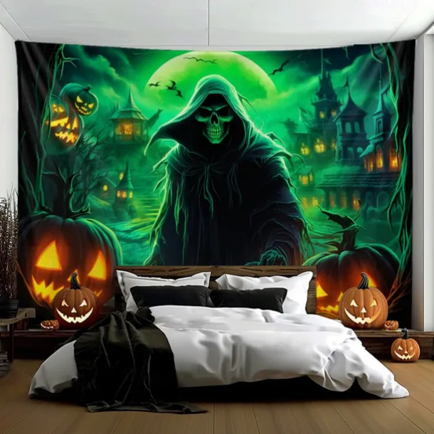 Halloween Decorations Green Skulls Hanging Tapestry Wall Art Large Tapestry Mural Decor Photograph Backdrop Blanket Curtain Home Bedroom Living Room