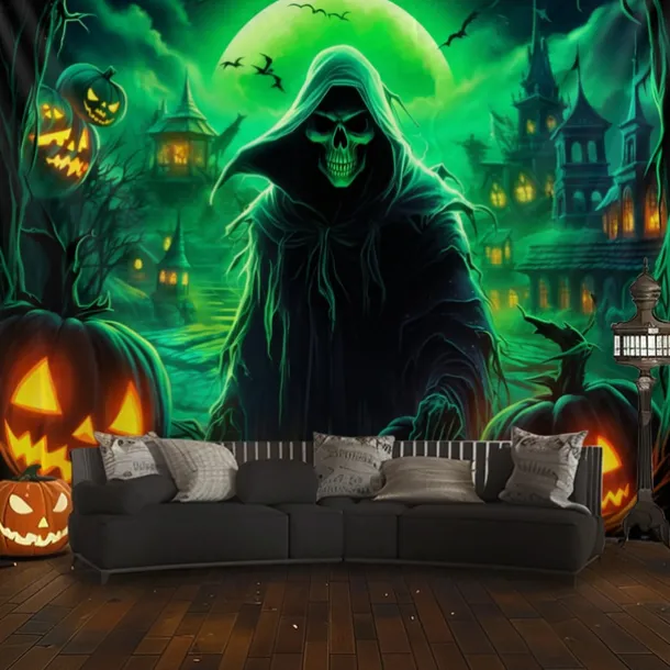 Halloween Decorations Green Skulls Hanging Tapestry Wall Art Large Tapestry Mural Decor Photograph Backdrop Blanket Curtain Home Bedroom Living Room