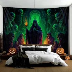 Halloween Decorations Green Skulls Hanging Tapestry Wall Art Large Tapestry Mural Decor Photograph Backdrop Blanket Curtain Home Bedroom Living Room