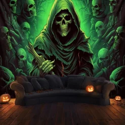 Halloween Decorations Green Skulls Hanging Tapestry Wall Art Large Tapestry Mural Decor Photograph Backdrop Blanket Curtain Home Bedroom Living Room