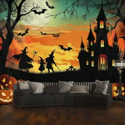 Halloween Decorations Hanging Tapestry Witches Castle Wall Art Large Tapestry Mural Decor Photograph Backdrop Blanket Curtain Home Bedroom Living Room Decoration