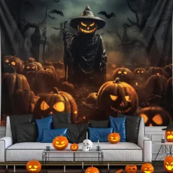 Halloween Decorations Hanging Tapestry Jack O Lantern Pumpkins Wall Art Large Tapestry Mural Decor Photograph Backdrop Blanket Curtain Home Bedroom Living Room Decoration Scarecrow Bats
