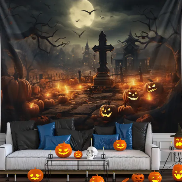 Halloween Decorations Hanging Tapestry Jack O Lantern Pumpkins Wall Art Large Tapestry Mural Decor Photograph Backdrop Blanket Curtain Home Bedroom Living Room Decoration Scarecrow Bats