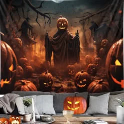 Halloween Decorations Hanging Tapestry Jack O Lantern Pumpkins Wall Art Large Tapestry Mural Decor Photograph Backdrop Blanket Curtain Home Bedroom Living Room Decoration Scarecrow Bats