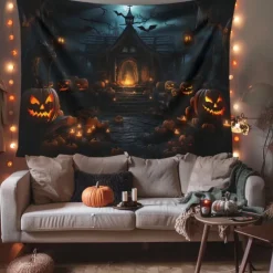 Halloween Decorations Hanging Tapestry Evil Pumpkins Jack O Lantern Wall Art Large Tapestry Mural Decor Photograph Backdrop Blanket Curtain Home Bedroom Living Room