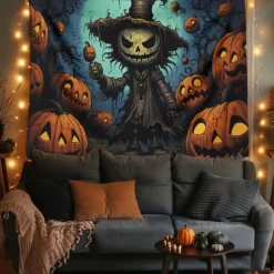 Halloween Decorations Hanging Tapestry Scarecrow Pumpkin Wall Art Large Tapestry Mural Decor Photograph Backdrop Blanket Curtain Home Bedroom Living Room