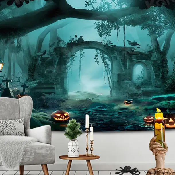 Halloween Decorations Hanging Tapestry Jack O Lantern Pumpkins Wall Art Large Tapestry Mural Decor Photograph Backdrop Blanket Curtain Home Bedroom Living Room Decoration Creepy Forest