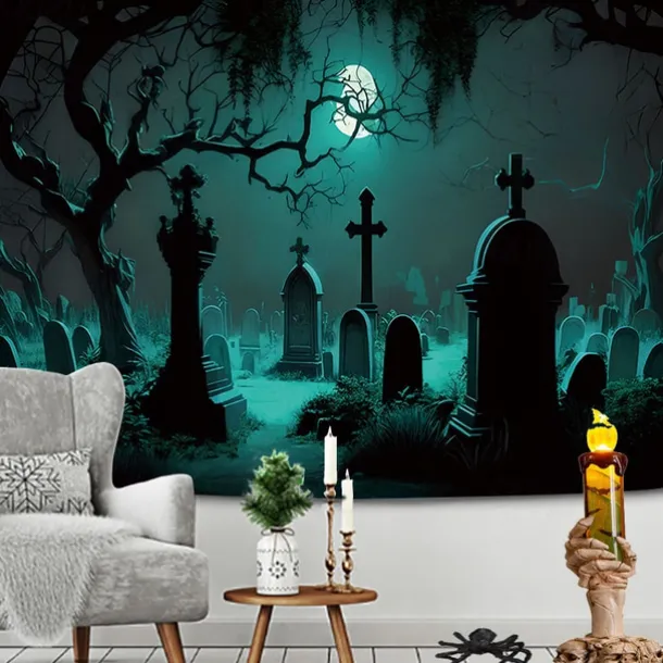 Halloween Decorations Hanging Tapestry Jack O Lantern Pumpkins Wall Art Large Tapestry Mural Decor Photograph Backdrop Blanket Curtain Home Bedroom Living Room Decoration Creepy Forest
