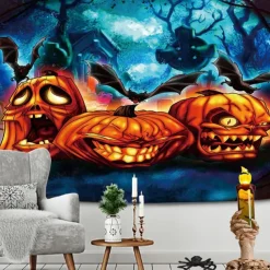 Halloween Decorations Hanging Tapestry Jack O Lantern Pumpkins Wall Art Large Tapestry Mural Decor Photograph Backdrop Blanket Curtain Home Bedroom Living Room Decoration Creepy Forest