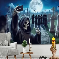Halloween Decorations Hanging Tapestry Wall Art Large Tapestry Mural Decor Photograph Backdrop Blanket Curtain Home Bedroom Living Room Decoration Death Selfie