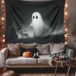 Halloween Decorations Hanging Tapestry Ghost Walking Dog Wall Art Large Tapestry Mural Decor Photograph Backdrop Blanket Curtain Home Bedroom Living Room Decoration